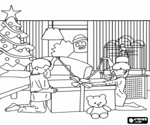 Coloriage Enfants et le cadeau du Santa Claus