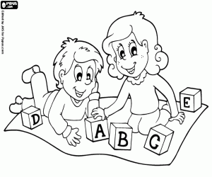 Coloriage Les enfants et les cubes de lettres