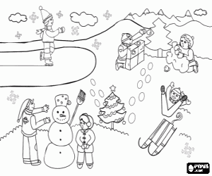 Coloriage Enfants dans un paysage d'hiver