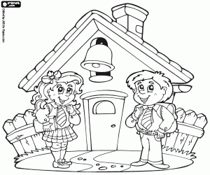 Coloriage Enfants devant la petite école