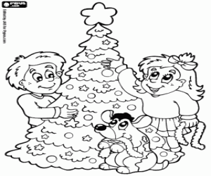 Coloriage Enfants décorent l'arbre de Noël
