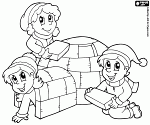 Coloriage Les enfants et igloo, les vacances de Noël
