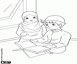 Coloriage Enfants indonésiens à le lecture du Coran