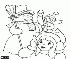 Coloriage Enfants jouant avec un bonhomme de neige