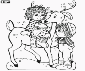 Coloriage Enfants jouant avec un renne de Noël