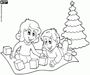 Coloriage Des enfants jouent près du sapin de Noël