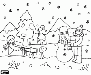 Coloriage Enfants et la neige, scène d'hiver