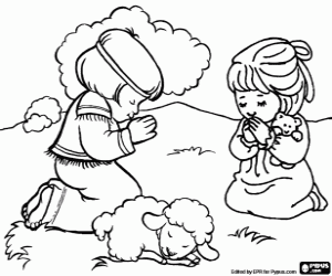 Coloriage Enfants priant avec un petit agneau