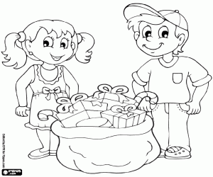 Coloriage Enfants et le sac de cadeaux de Noël