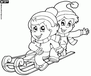 Coloriage Enfants s’amuser sur traîneau