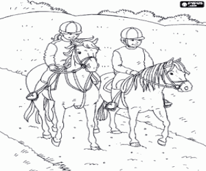 Coloriage Deux enfants à cheval