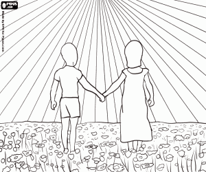 Coloriage Deux enfants à profiter du printemps