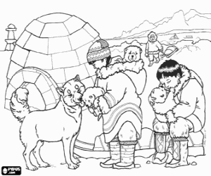 Coloriage Les Eskimos près de leur igloo