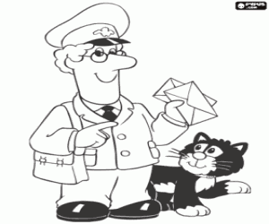 Coloriage Le facteur Pat avec son chat et le mail