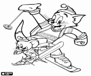 Coloriage Faire du ski avec Tom et Jerry