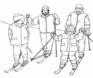 Coloriage Famille avec deux enfants de ski