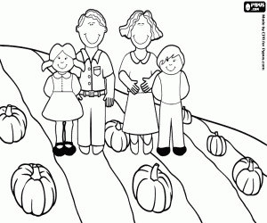 Coloriage Famille dans un champ de citrouilles