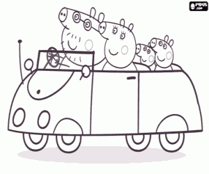 Coloriage Famille de Peppa Pig dans la voiture
