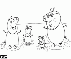 Coloriage Famille de Peppa Pig et les flaques d'eau