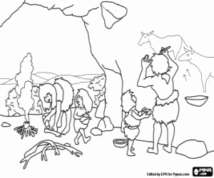 Coloriage Famille préhistorique dans la grotte
