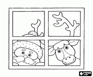 Coloriage Fenêtre avec le père Noël et un renne