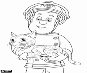 Coloriage Fireman Sam et le chat sauvé
