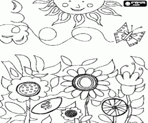 Coloriage Fleurs et papillon sous le soleil