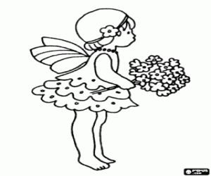 Coloriage Fée fille avec un bouquet de fleurs