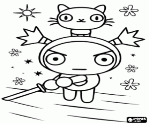Coloriage Garu et son chat, personnages de Pucca
