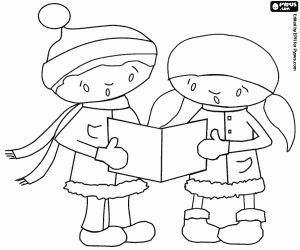 Coloriage Garçon et fille chantant des chants de Noël