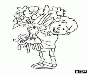 Coloriage Garçon et un bouquet de fleurs pour maman