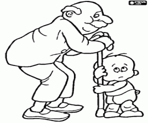 Coloriage Grand-père avec une canne et son petit-fils