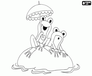 Coloriage Les grenouilles et un parasol