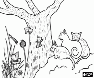 Coloriage Groupe de chats et les insectes