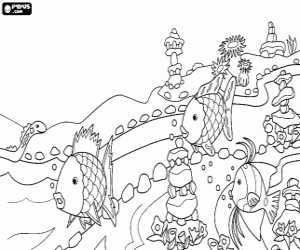 Coloriage Groupe de poissons parmi les coraux