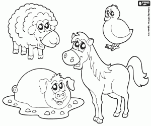 Coloriage Groupe de quatre animaux de la ferme