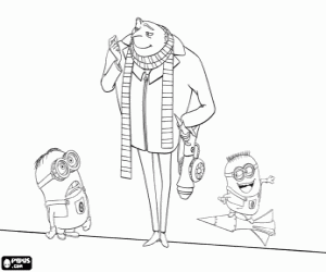 Coloriage Gru avec une arme et deux minions