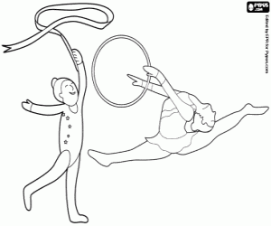Coloriage Deux gymnastes avec ruban et le cerceau