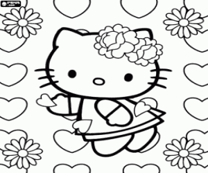 Coloriage Hello Kitty parmi les fleurs et coeurs