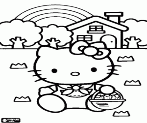 Coloriage Hello Kitty et un panier de fraises