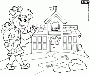 Coloriage La jeune fille arrive à pied à l'école