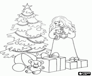 Coloriage Jeune fille, cadeaux et arbre de Noël