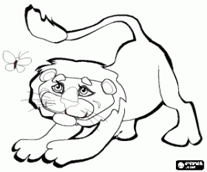 Coloriage Jeune lion en jouant avec un papillon