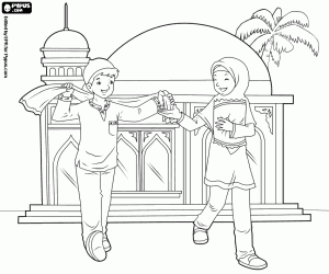 Coloriage Les jeunes musulmans près de la mosquée