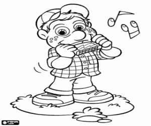 Coloriage Julio de Cocoricó avec un harmonica