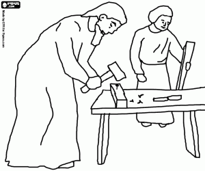 Coloriage Jésus avec son père, un charpentier