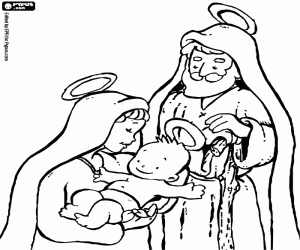 Coloriage Jésus dans les bras de Marie et Joseph