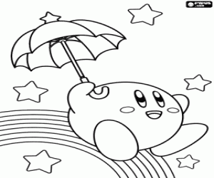 Coloriage Kirby parmi étoiles et arc-en-ciel