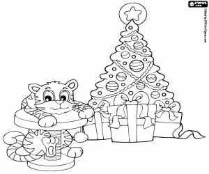 Coloriage Kitty, de jouets et un arbre de Noël