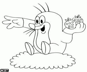Coloriage Krtek la taupe avec des fraises à la main